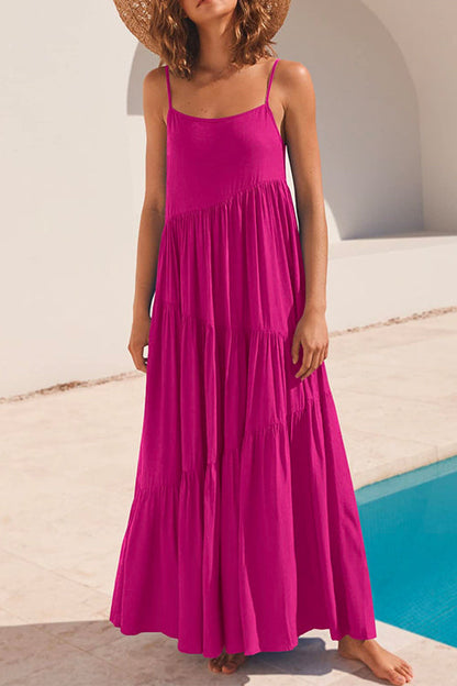 Adjustable Straps Tiered Maxi Beach Dress HotPink