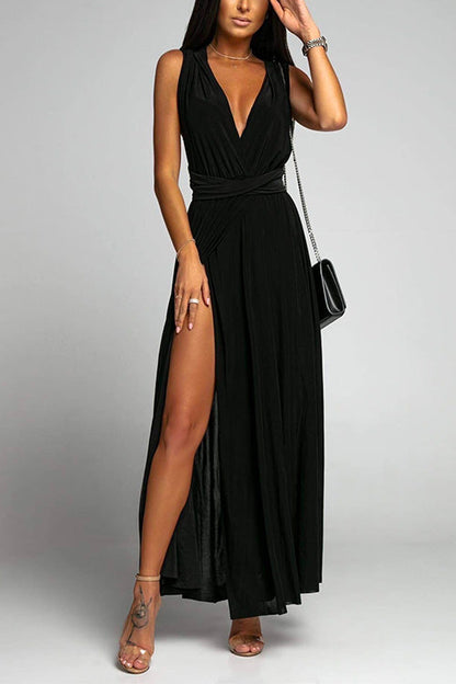 Rosiedress V Neck Sleeveless Back Criss Cross High Slit Maxi Party Dress