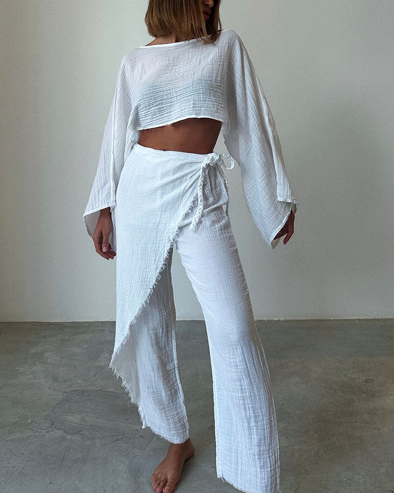 Woven lace-up cotton and linen two-piece set