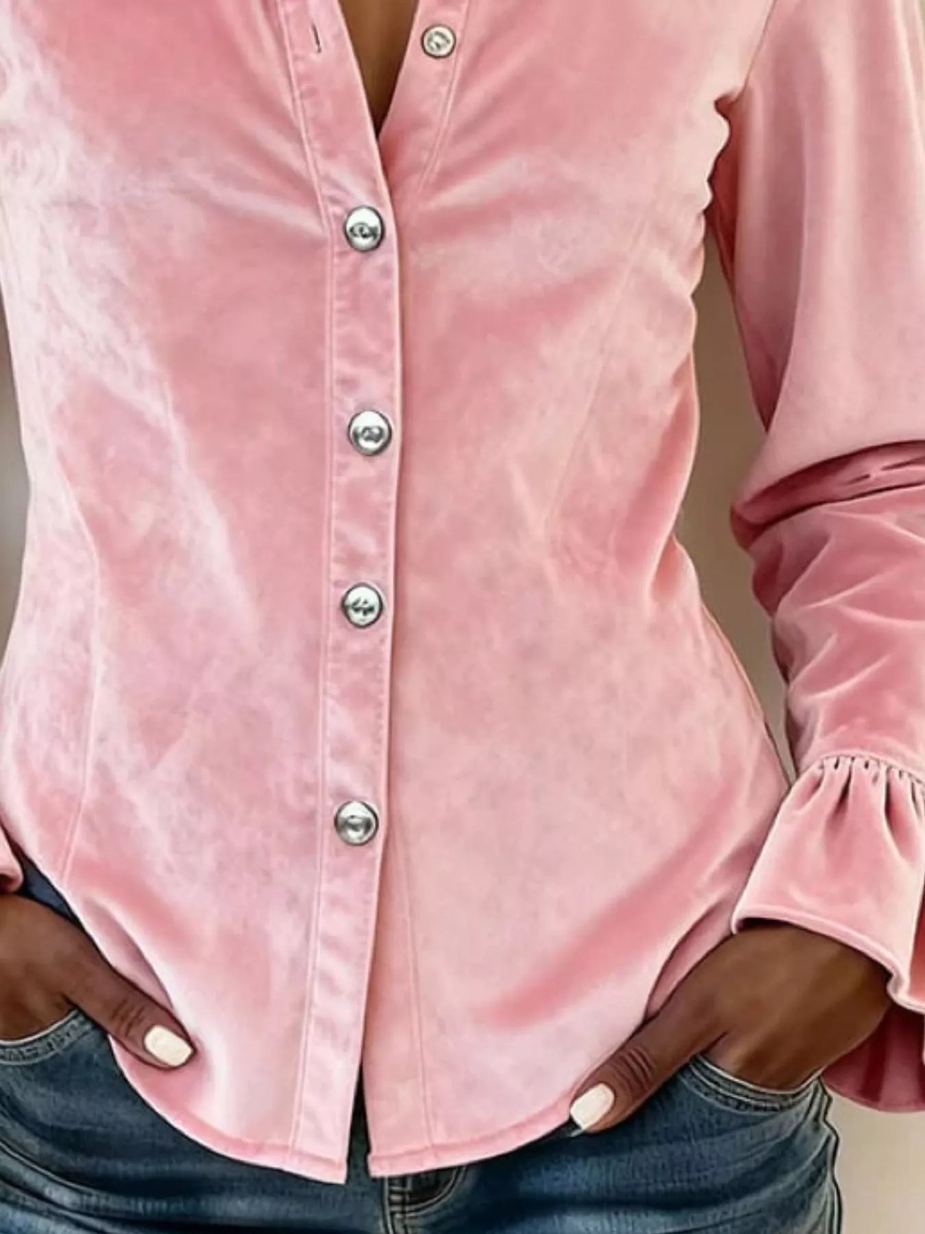 Full Size Button Up Flounce Sleeve Shirt Plus Size