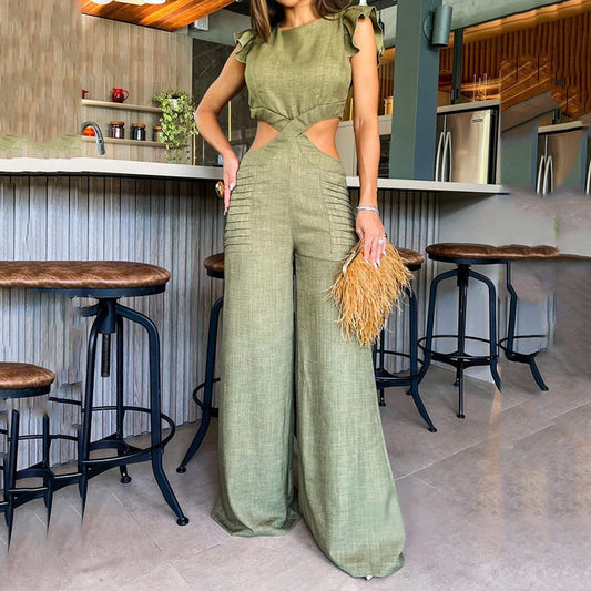 Summer round neck ruffled loose jumpsuit