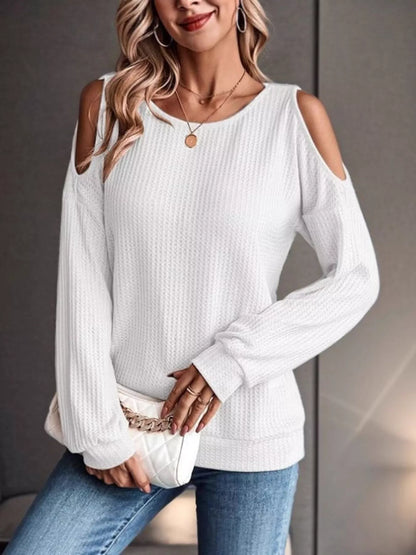 Solid Color Cold Shoulder Long Sleeve T-Shirt