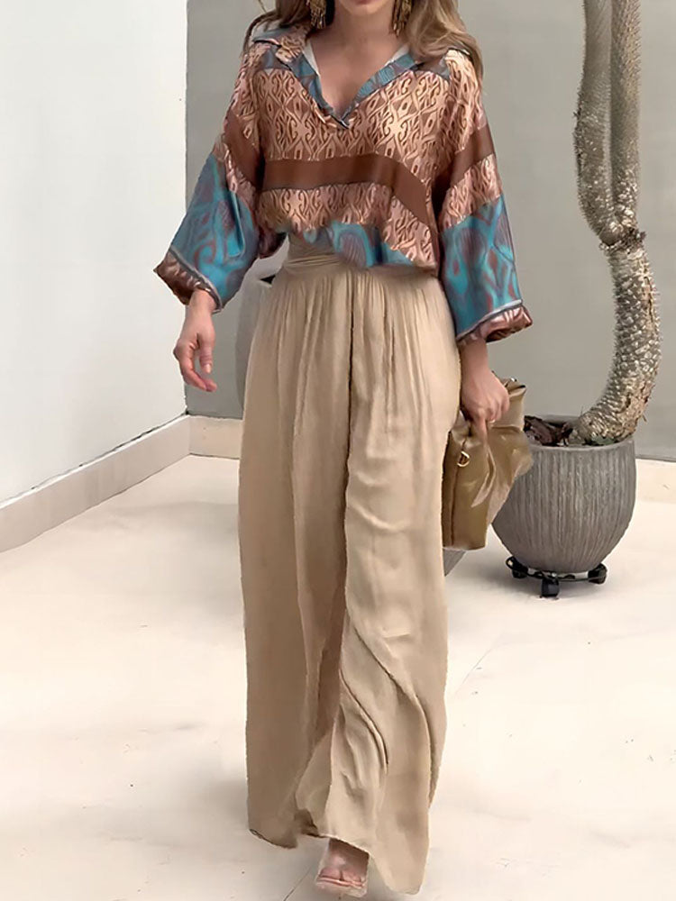 Vintage Prints Top Wide-leg Pants Suit