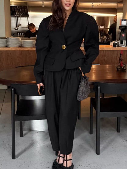 Puffy Sleeve Blazer and Wide-Leg Pants Set