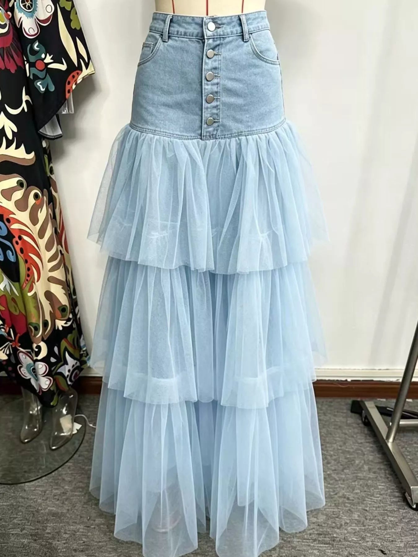 High-Waisted Button-Front Denim and Tulle Maxi Skirt