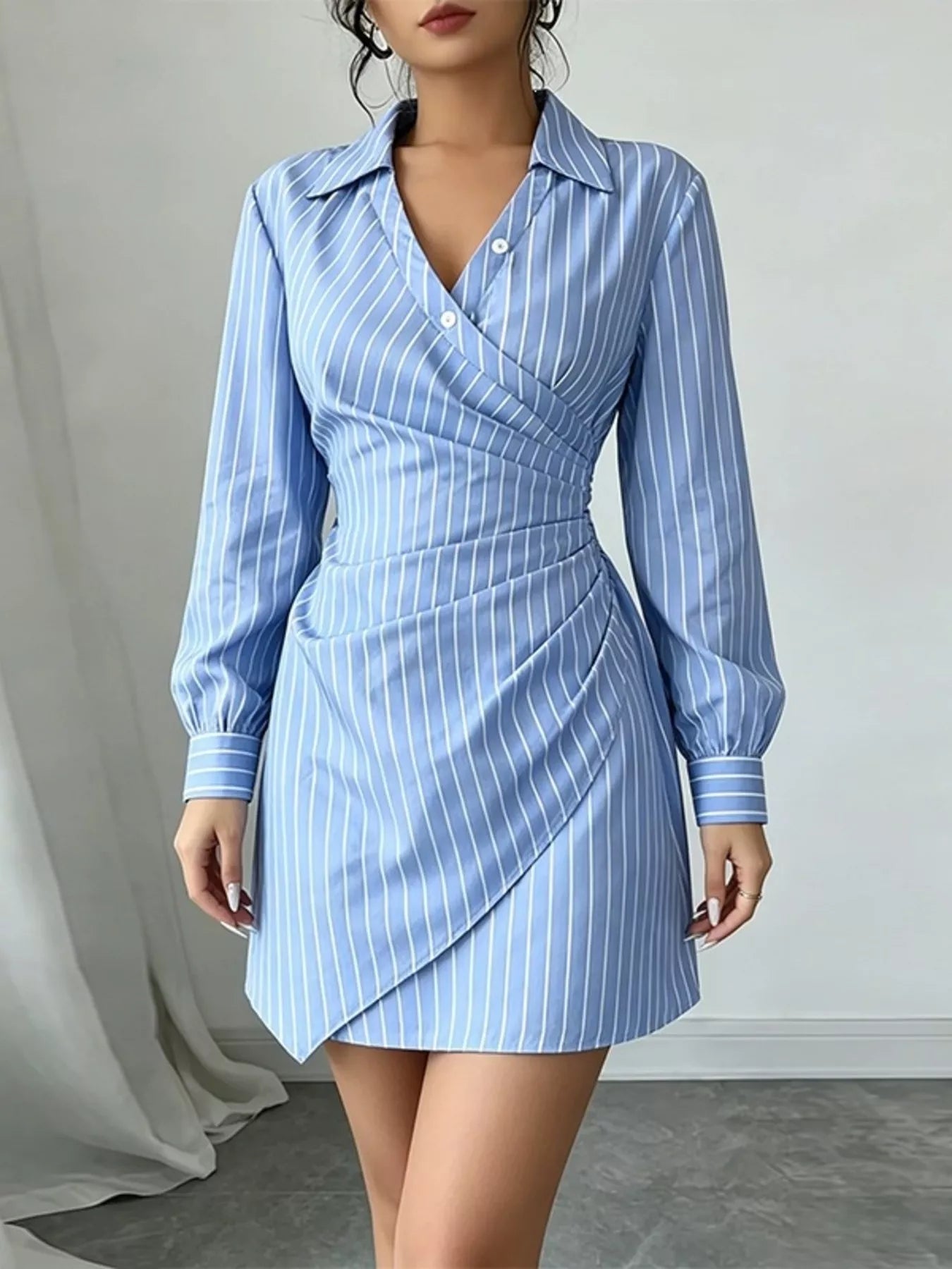 Full Size Striped Long Sleeve Shirt Dress Plus Size