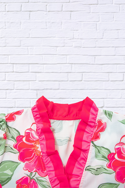 Floral Frilled V-Neck Short Sleeve Blouse