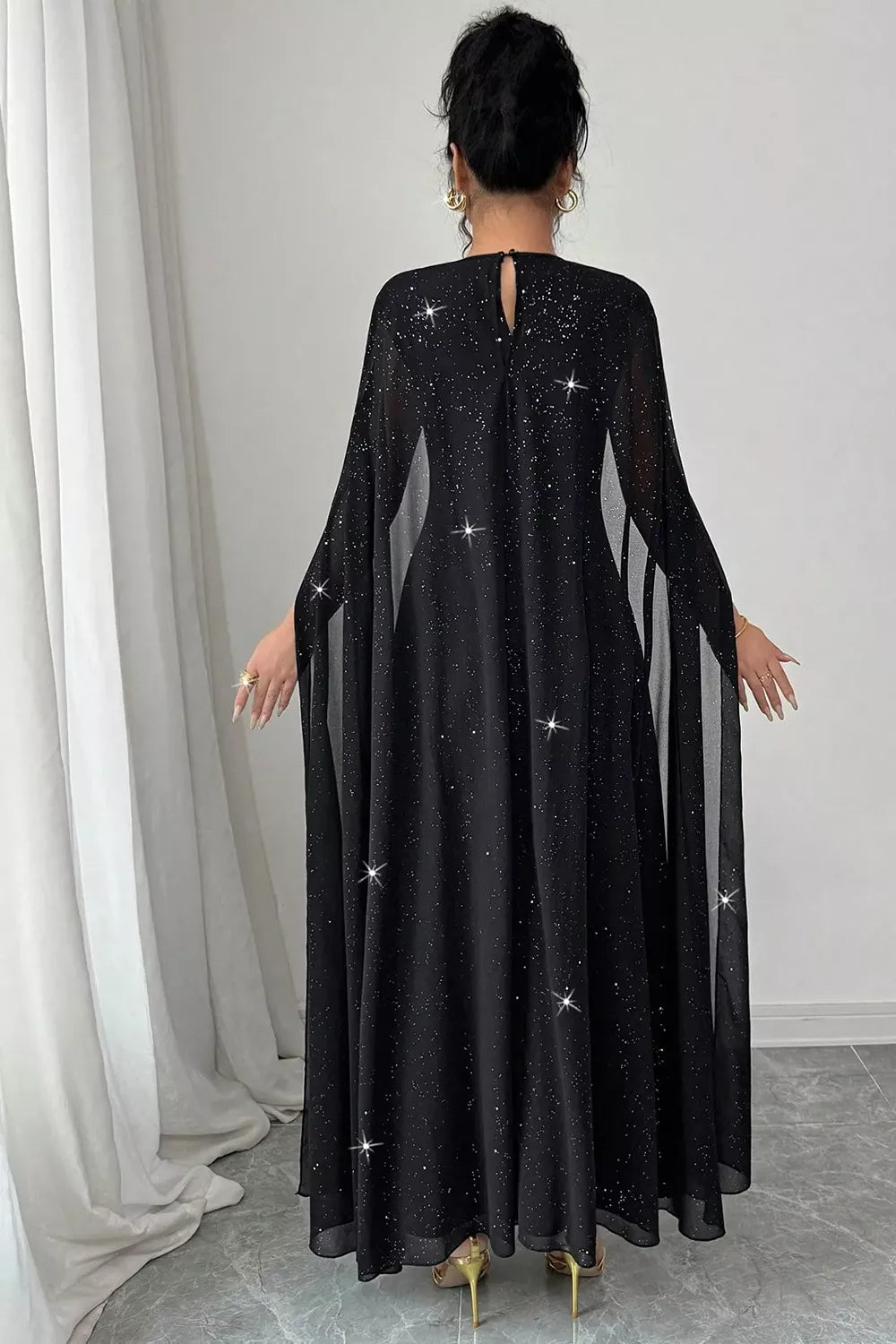 Glitter Cape-Sleeve Maxi Dress