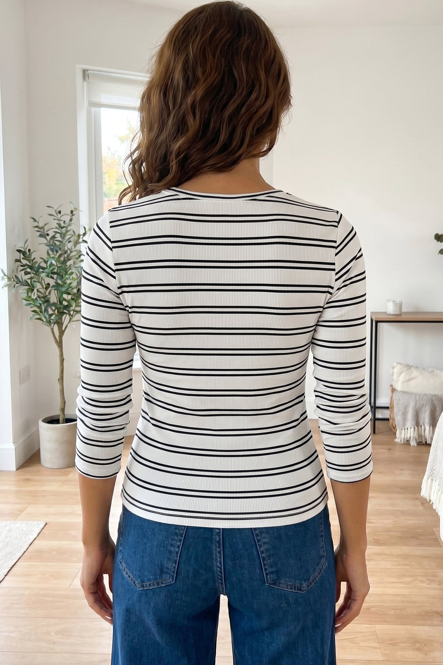 Beige Stripe Ribbed Knit Round Neck Long Sleeve Top