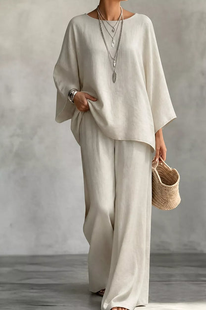Linen Boat Neck Top and Wide-Leg Pants Set