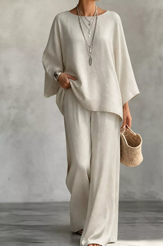 Linen Boat Neck Top and Wide-Leg Pants Set