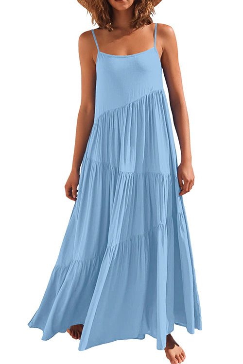 Adjustable Straps Tiered Maxi Beach Dress LightBlue