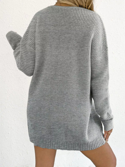V-Neck Ribbed Knit Sweater Dress