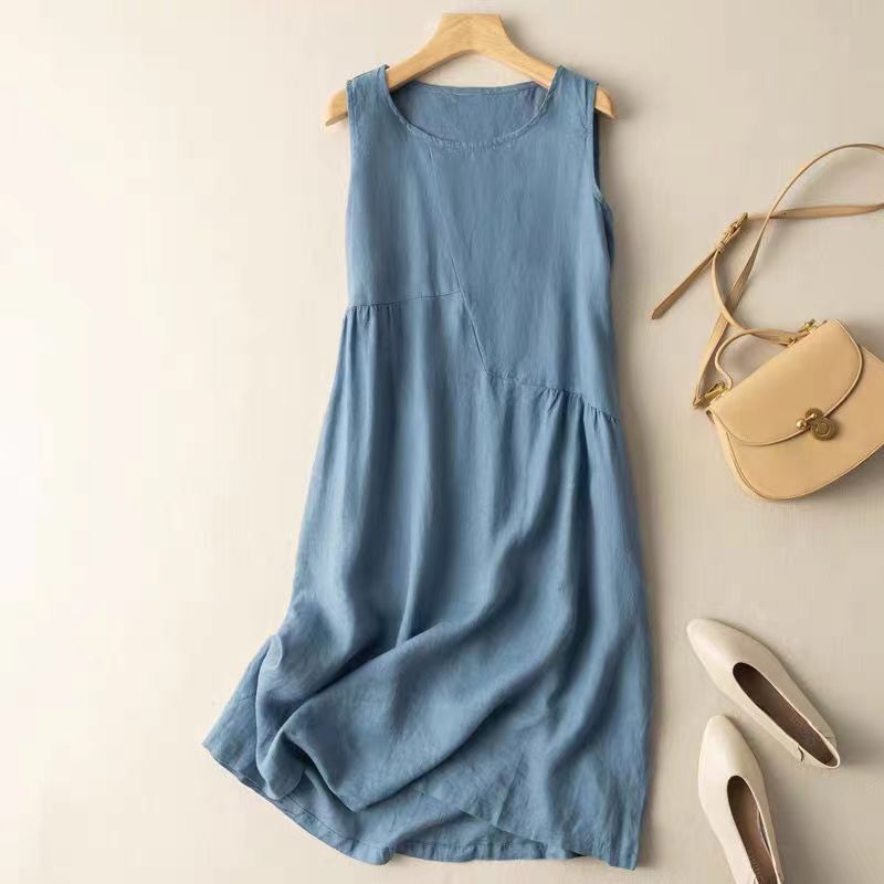 Literary cotton linen loose sleeveless vest dress