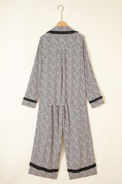 Brown Leopard Print Bow Knot Patchwork Long Sleeve Lounge Set