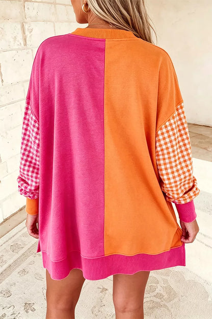 Colorblock Gingham Sleeve Sweatshirt for Women