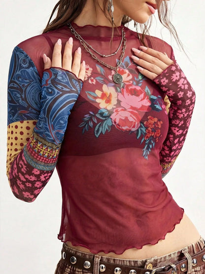 Floral Print Mesh Mock Neck Long Sleeve Top