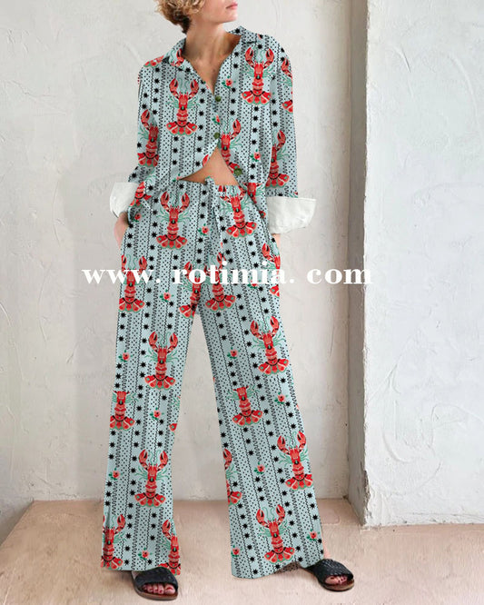 Chic Lobster Print Two -piece Suit