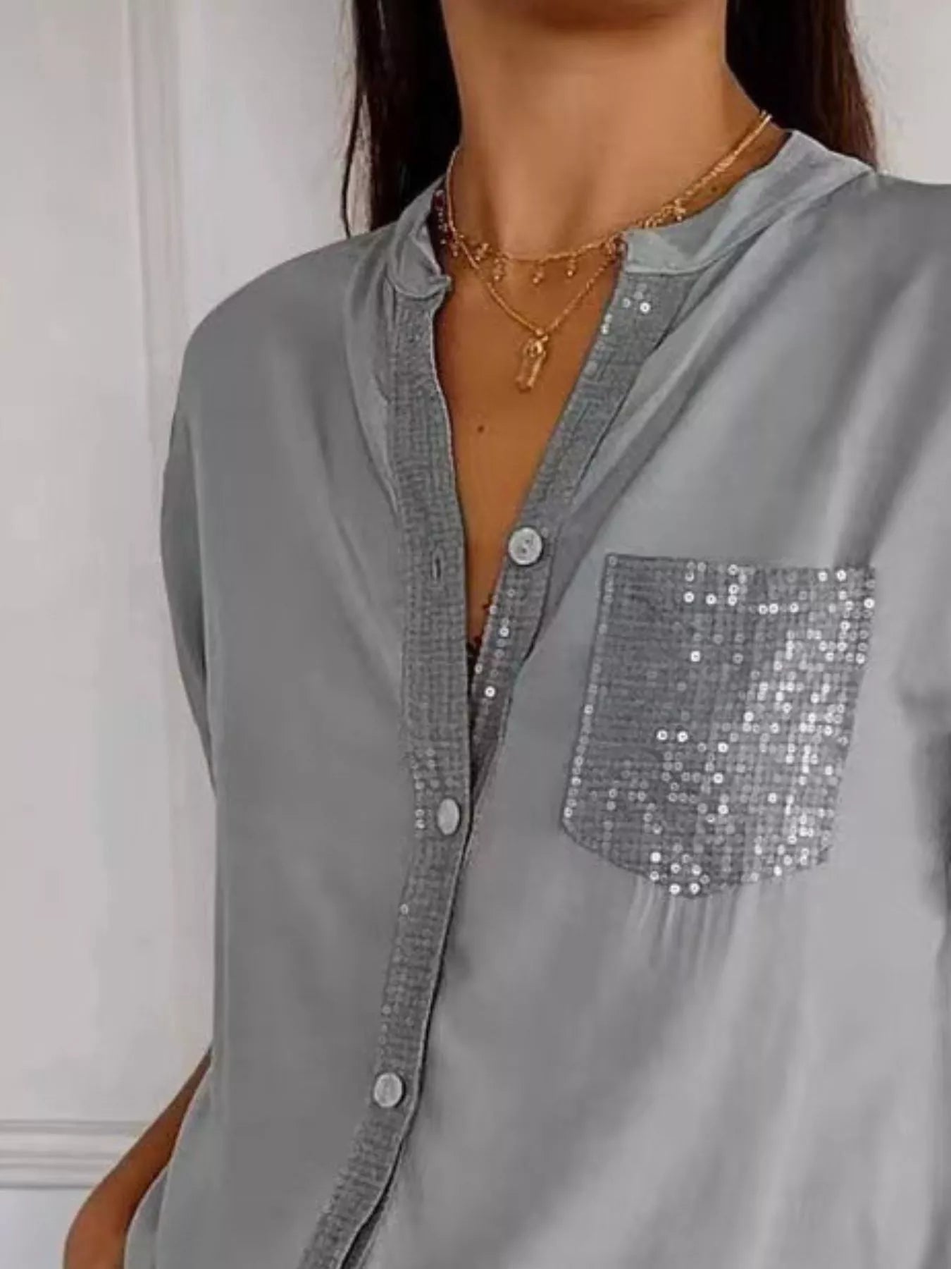Full Size Sequin Detail Button-Down Shirt Plus Size