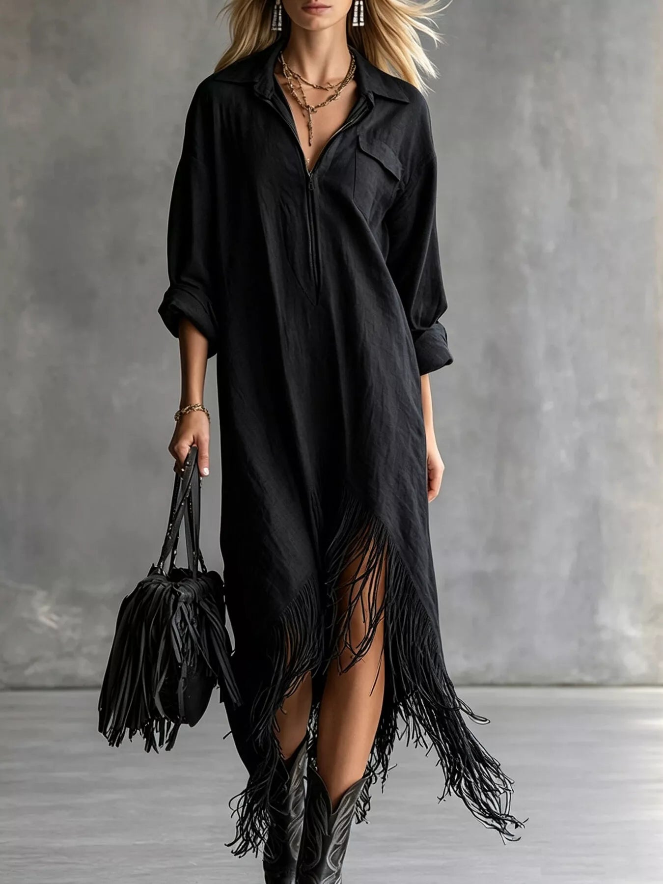Fringe Hem Zip-Up Shirt Dress