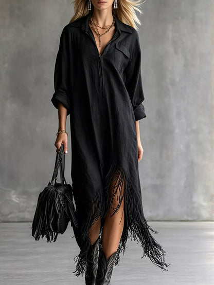 Fringe Hem Zip-Up Shirt Dress
