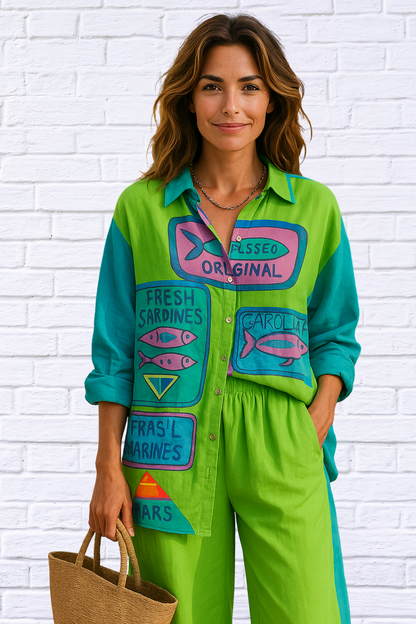 Fun, Bold, Eye-Catching Long Sleeved Elastic Waist Pants Set – Lime Green and Turquoise