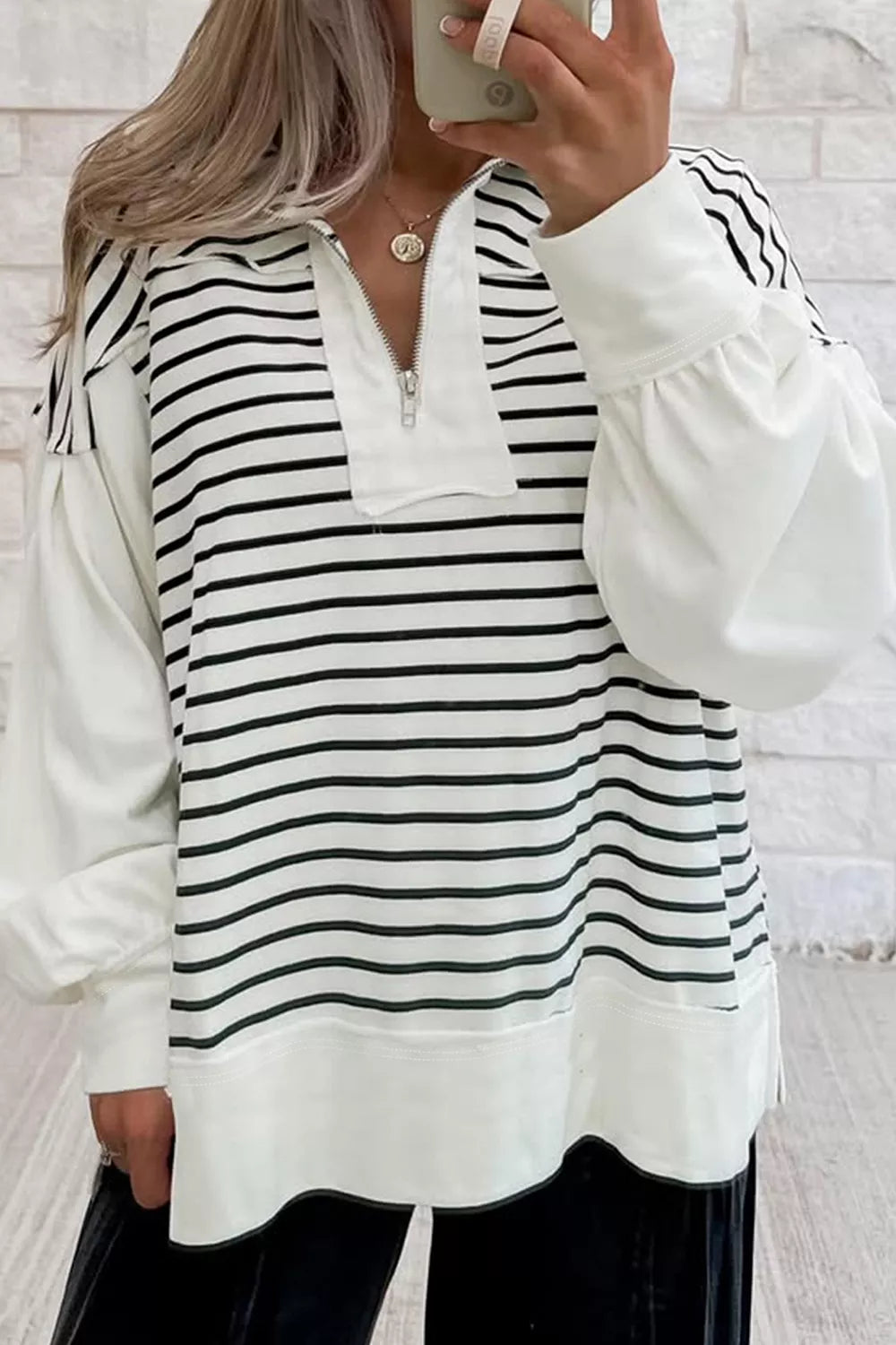 Stripe Color Block Long Puff Sleeve Metal Zip-Up Collar Top