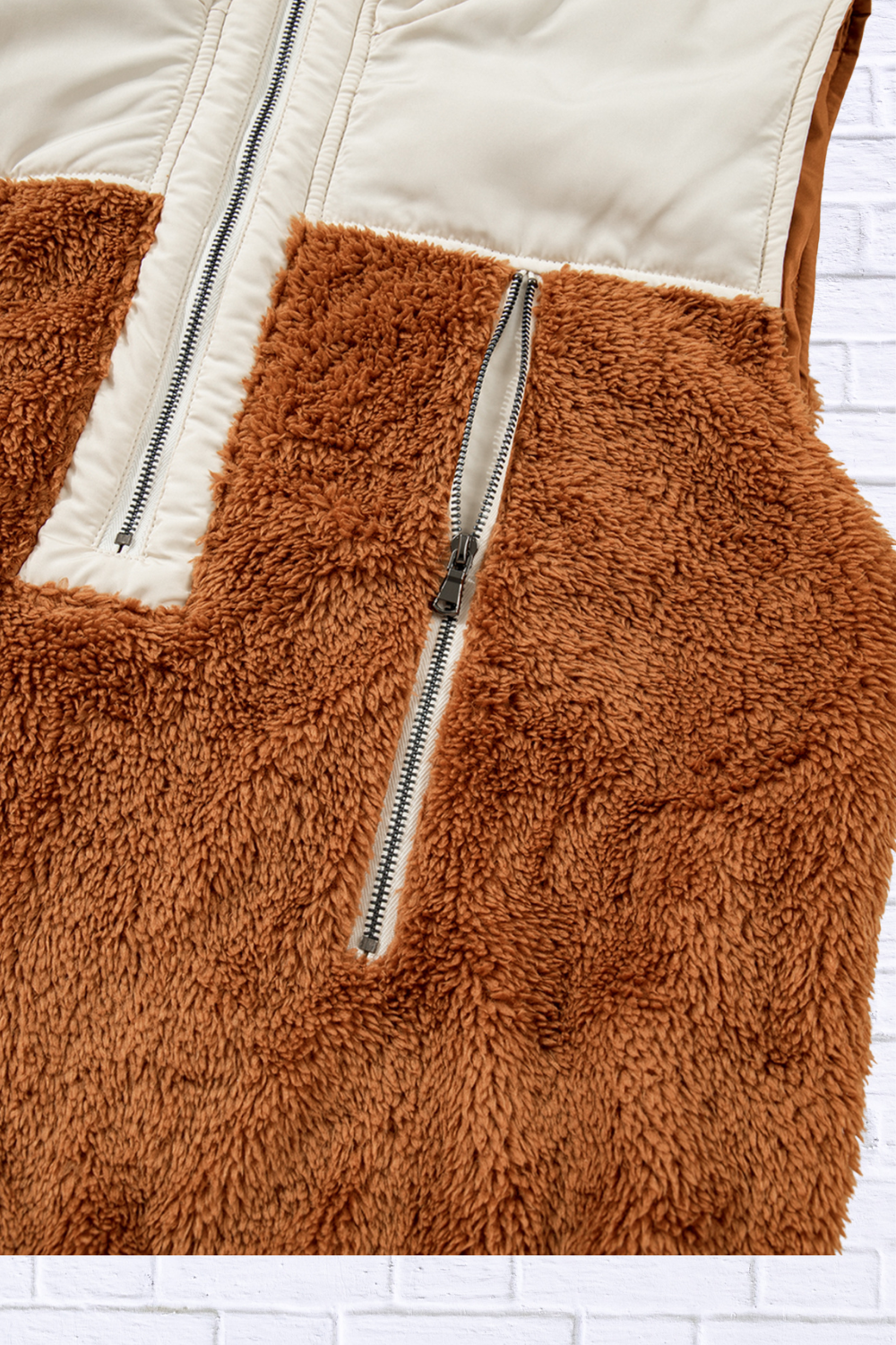 Color Block Plush Patchwork Zipper Stand Neck Vest Coat