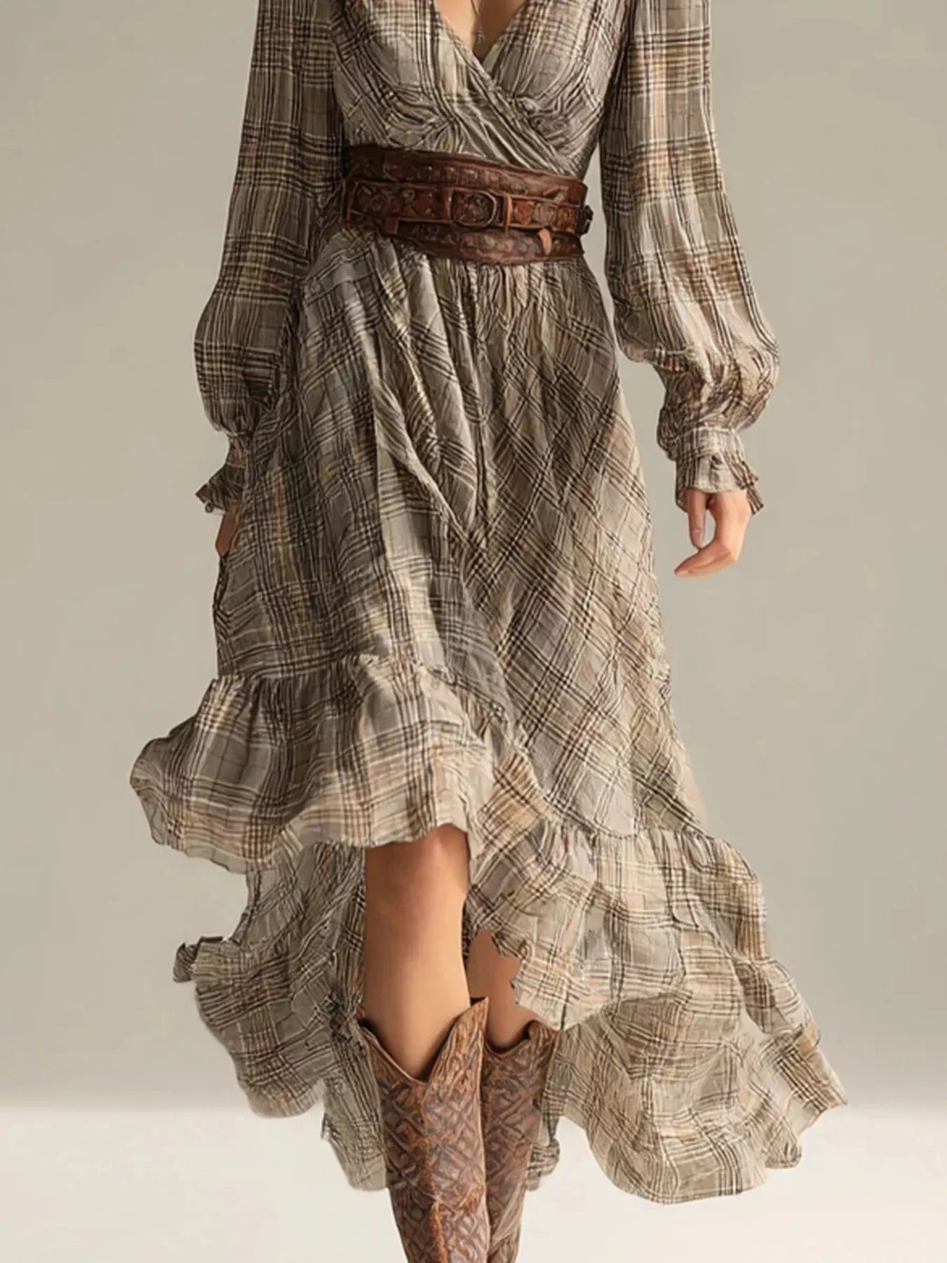 Plaid High-Low Long Sleeve Dress