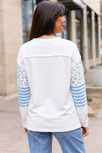 Beige Floral Striped Long Sleeve Contrasted Pullover Top