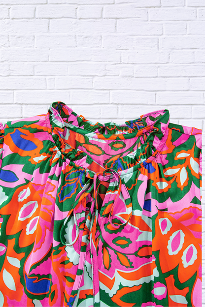 Tropical Print Short Sleeve Tie Neck Blouse – Multicolor
