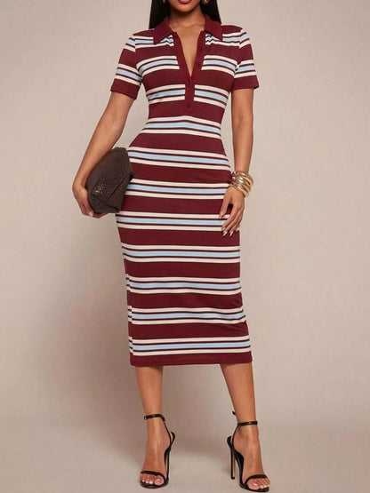 Striped Polo Collar Midi Dress