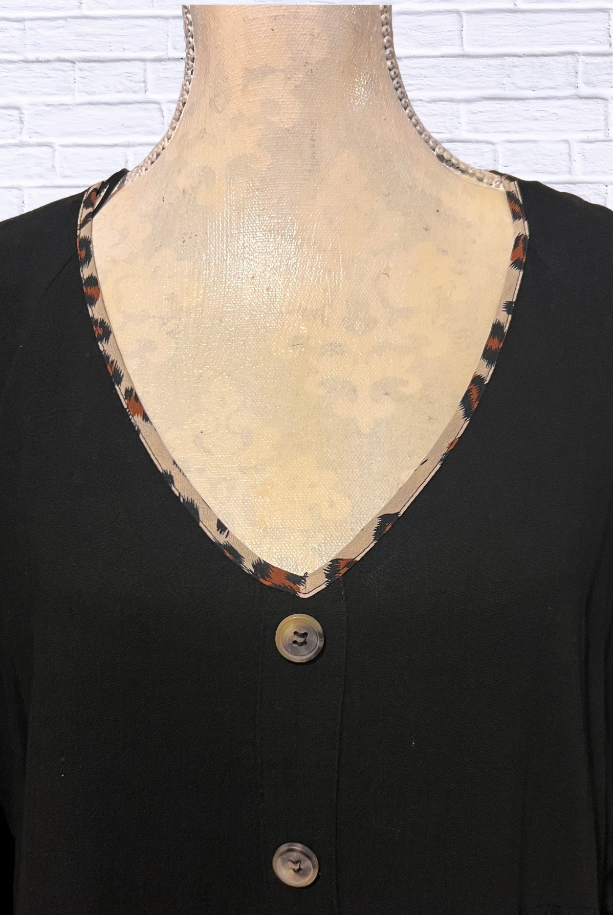 Umgee Black Baby Doll Dress – V-Neck Button-Down with Leopard Trim Detail