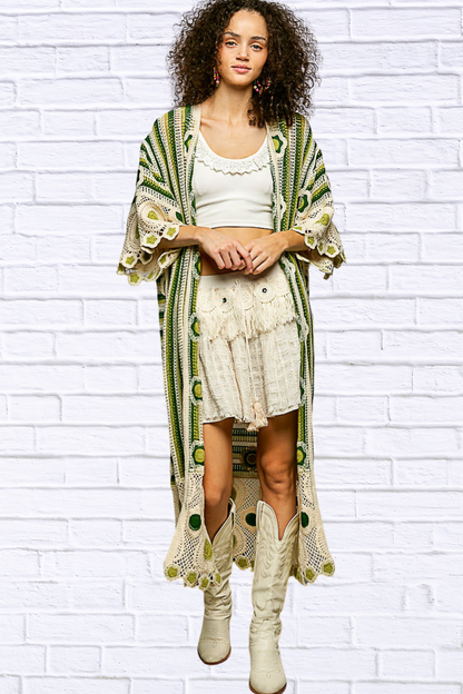 Janice Striped and Floral Pattern Crochet Longline Cardigan