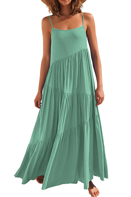 Adjustable Straps Tiered Maxi Beach Dress Green