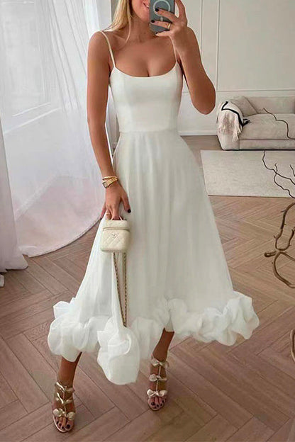 High Waist Ruffle Hem Swing Maxi Cami Party Dress White