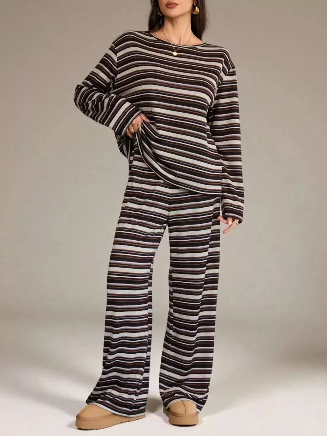 Striped Long-Sleeve Top and Wide-Leg Pants Set