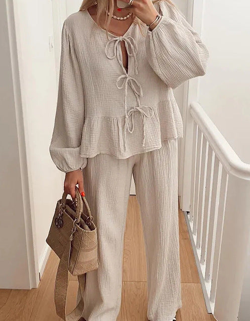 Casual Solid Color Lace-Up Top & Pants Two-Piece Set