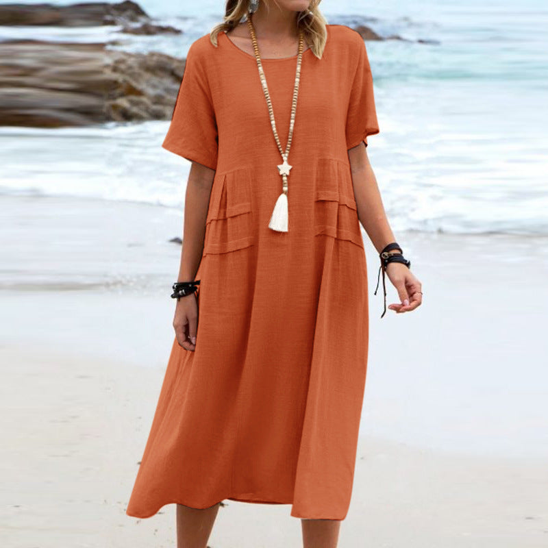 Round Neck Short Sleeves Mid-length Dress