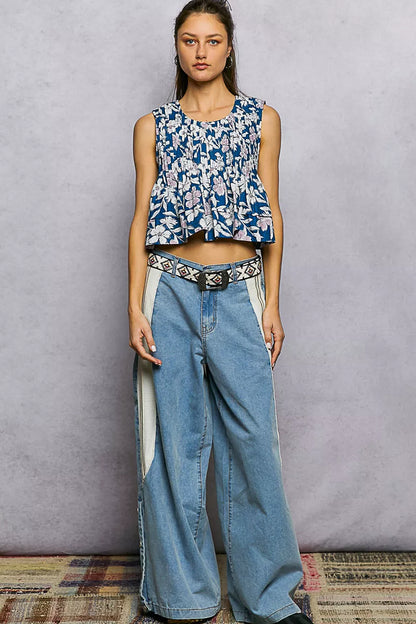 POL Floral Round Neck Cropped Pintuck Tank