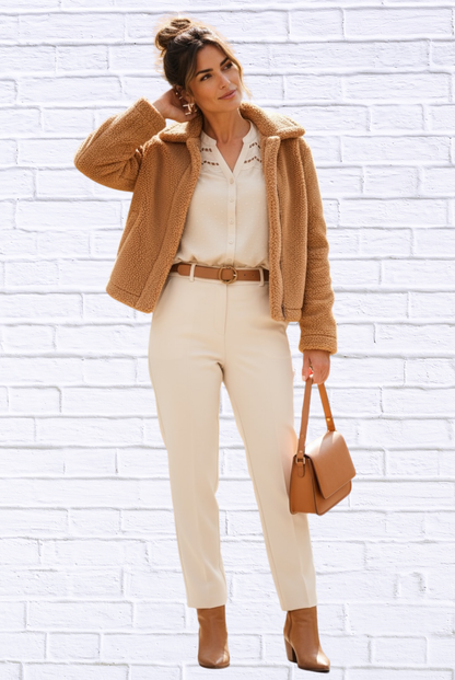 Eyelet Scallop Sleeve Button-Up Blouse – Cream Beige