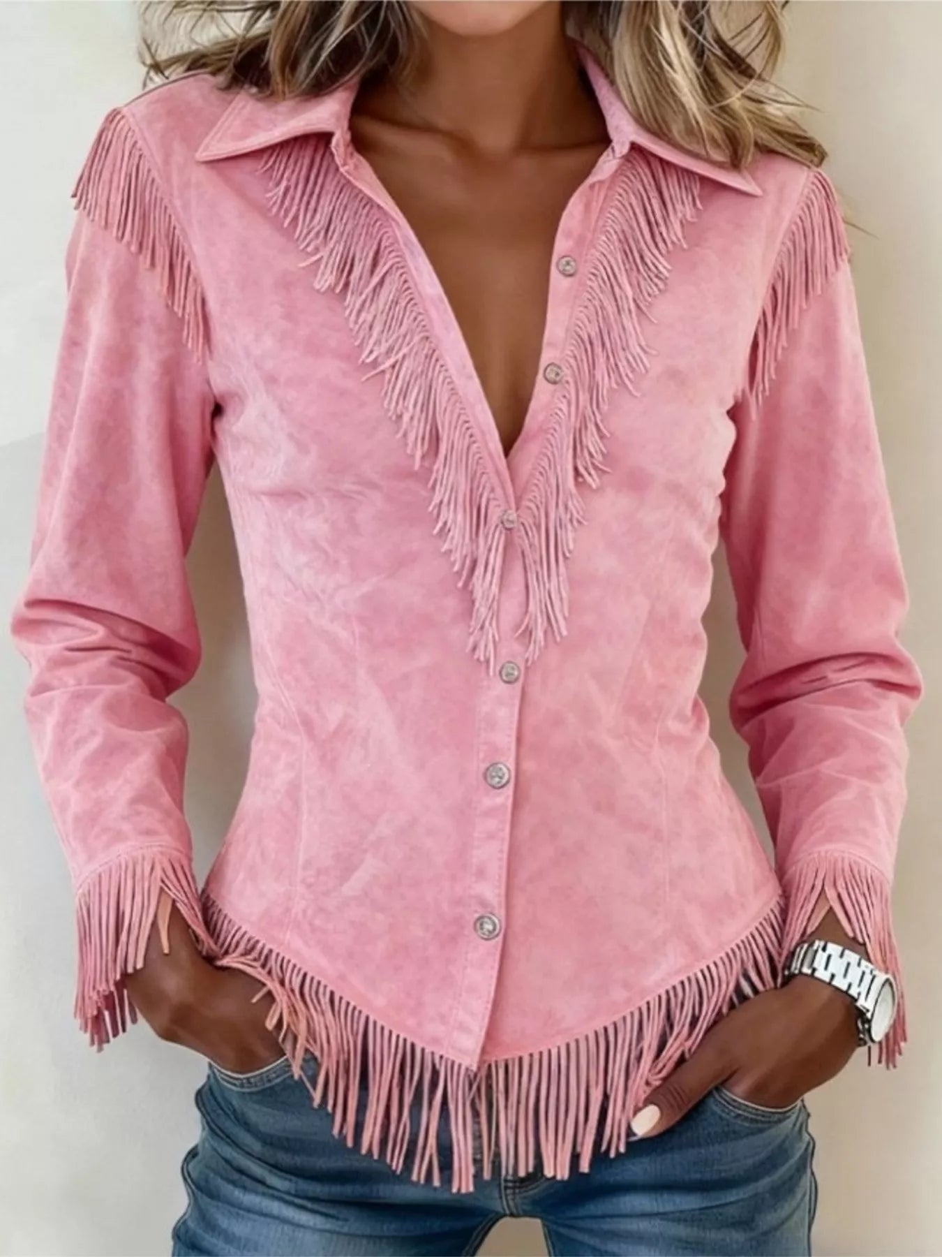 Fringed Button Up Long Sleeve Shirt