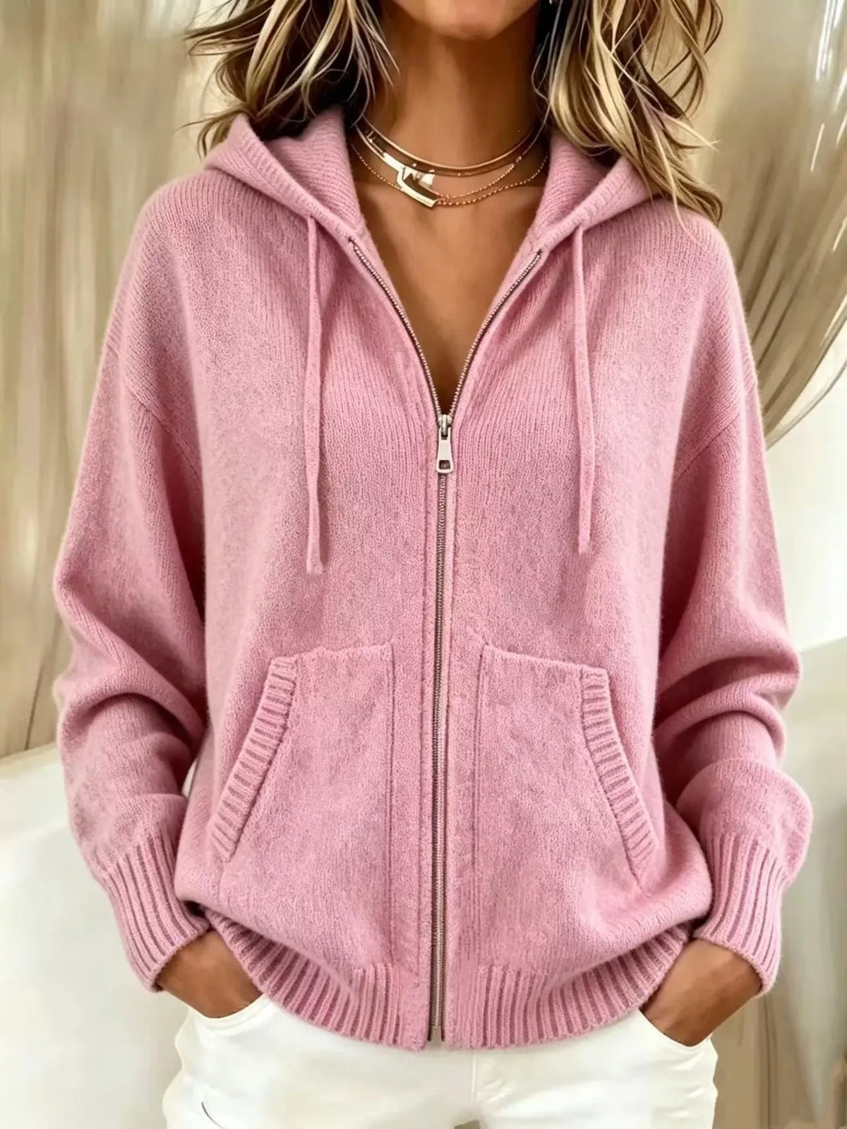 Zip-Up Hooded Knit Cardigan