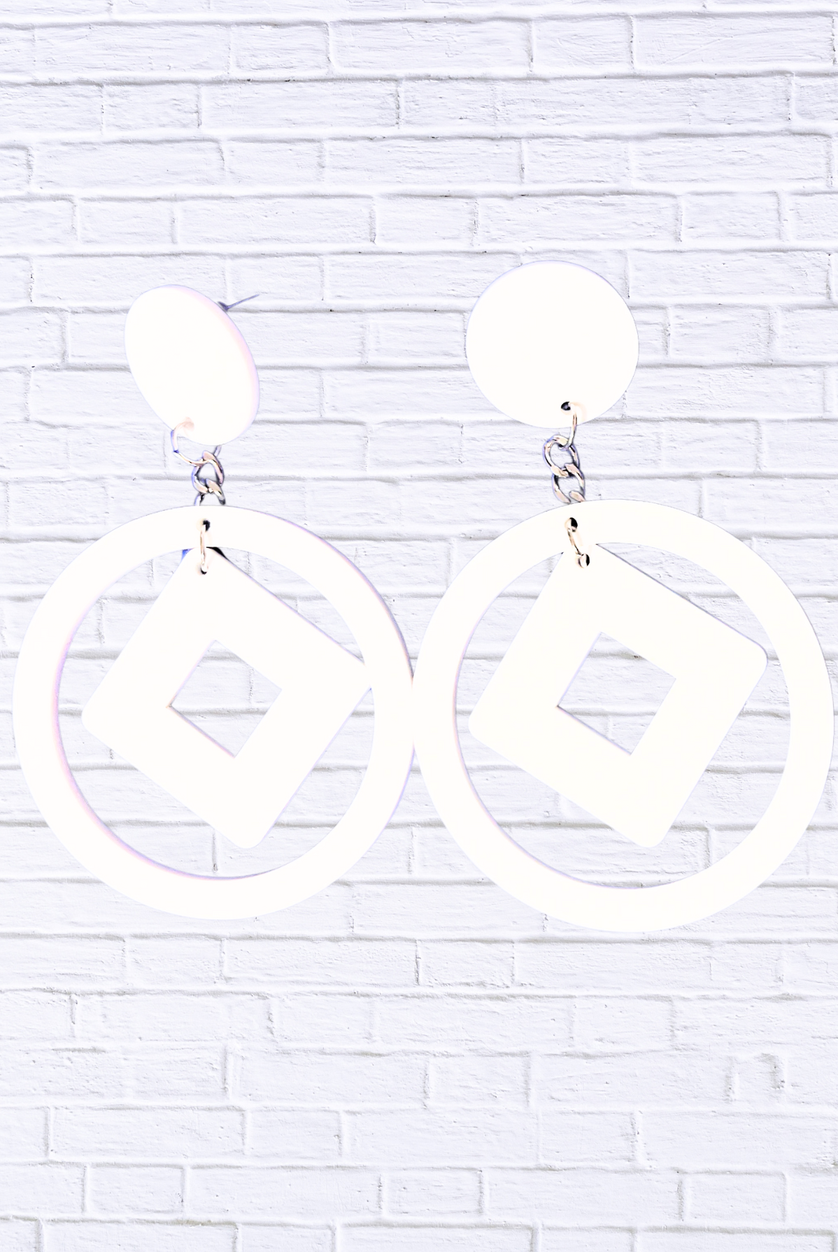 Modern Geometric Circle & Square Drop Earrings – White Statement Fashion Jewelry