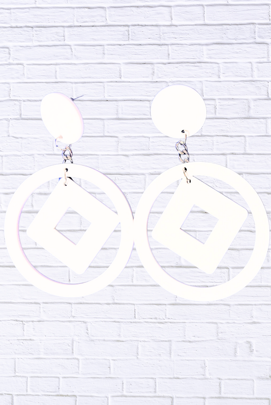 Modern Geometric Circle & Square Drop Earrings – White Statement Fashion Jewelry