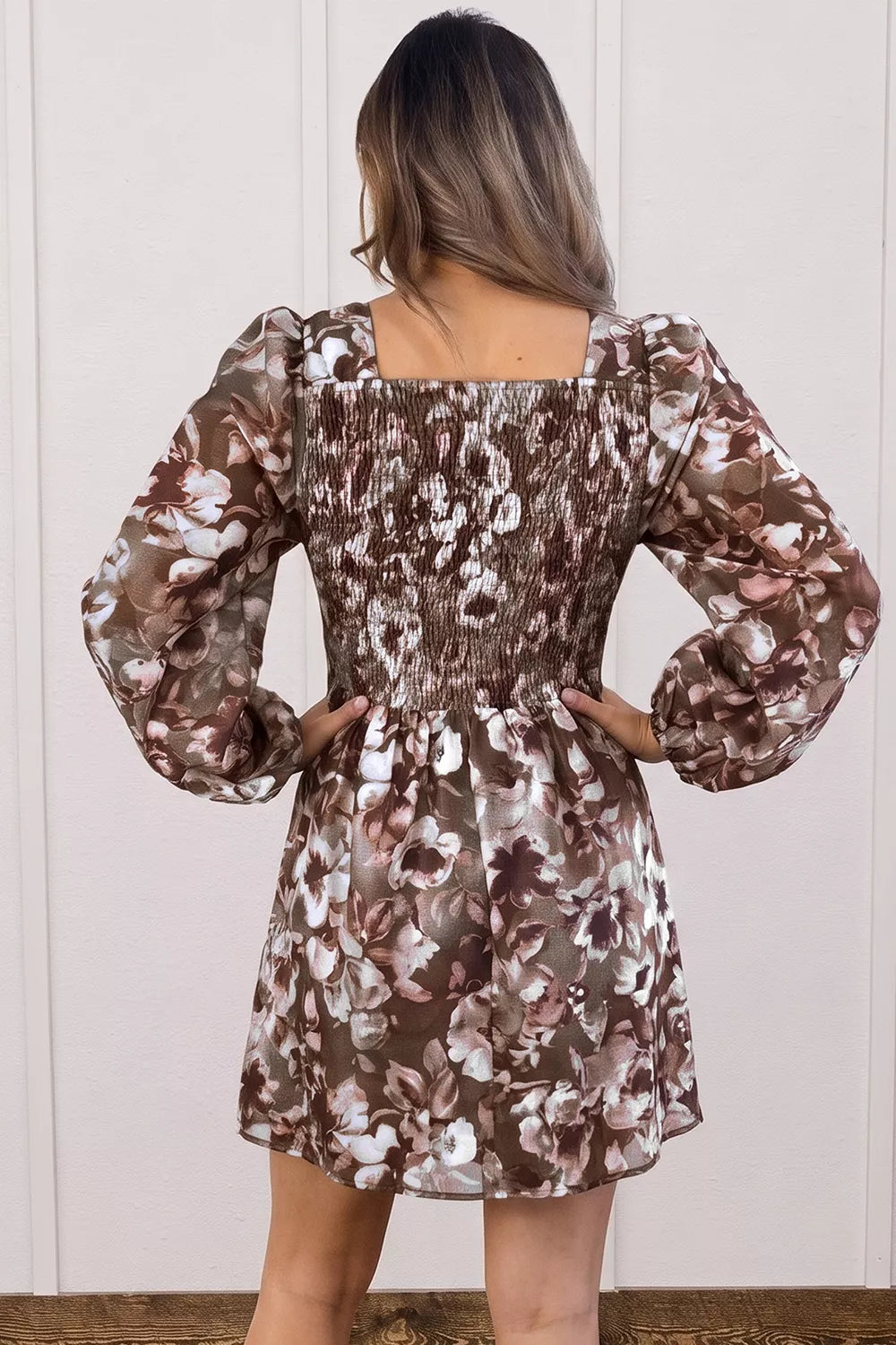 Abstract Floral Print Square Neck Long Sleeve Mini Shift Dress