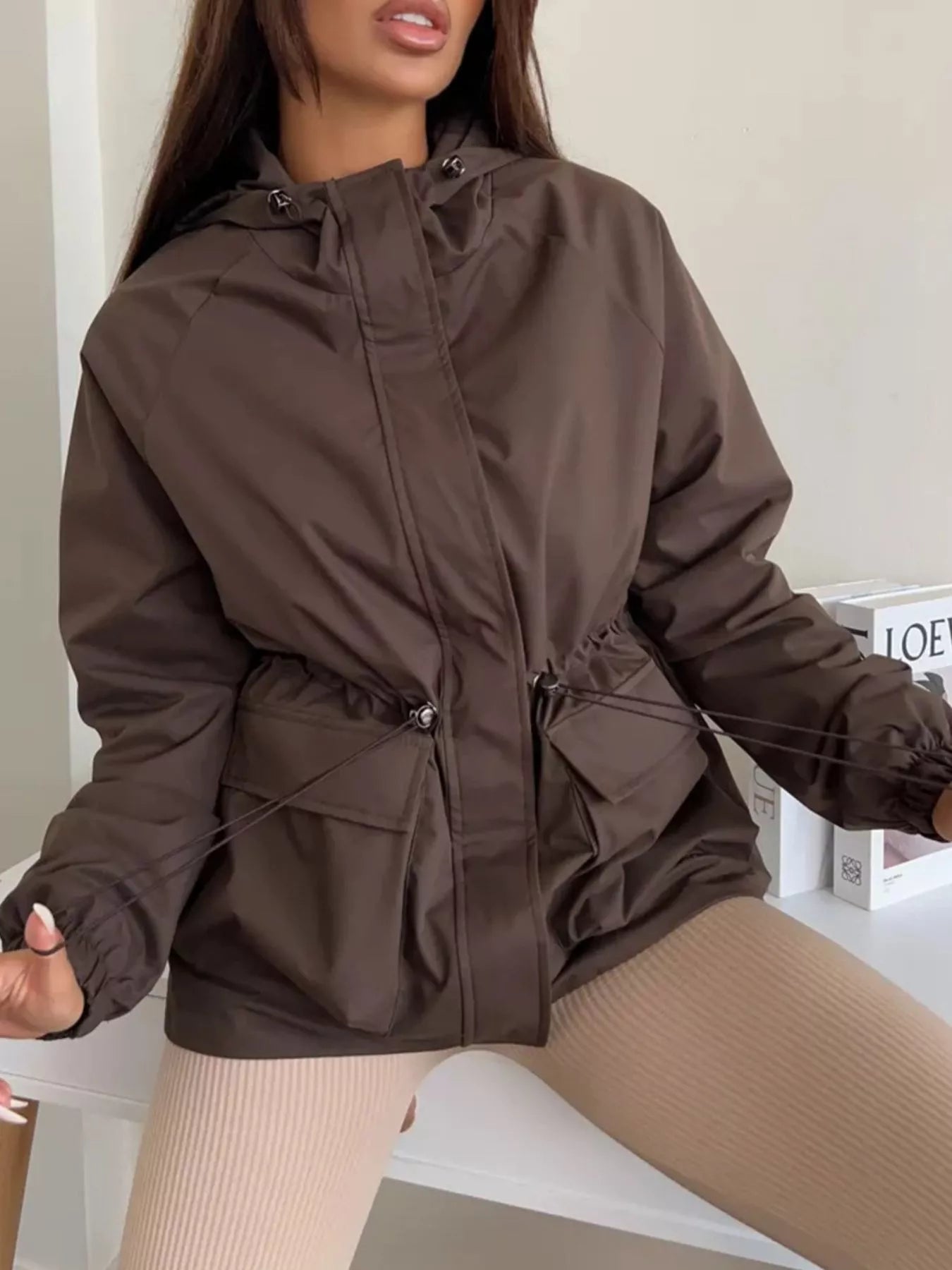 Drawstring Waist Hooded Windbreaker Outerwear