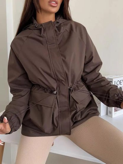 Drawstring Waist Hooded Windbreaker Outerwear