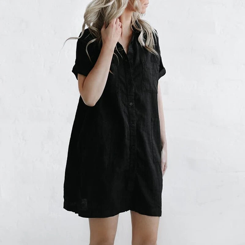 Casual lapel pocket solid color loose cotton and linen dress