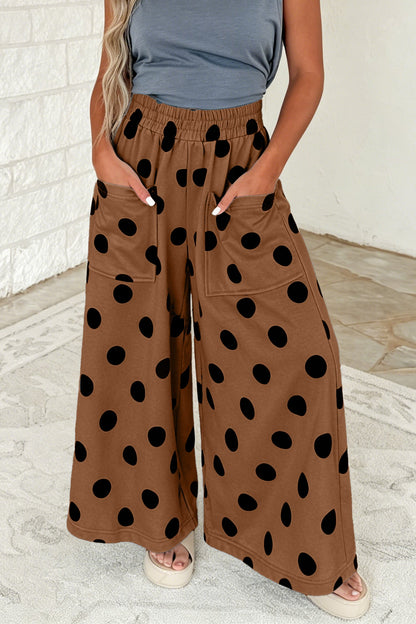 Brown Polka Dot Wide Leg Elastic Waist Casual Pants